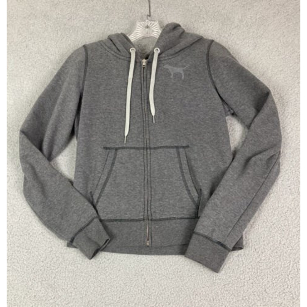 Pink Victorias Secret Sz M Womens Gray Full Zip Hoodie Sweatshirt Love Pink